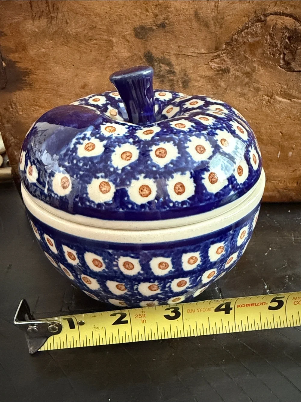Hand-Painted Blue & White Ceramic Lidded Polish Apple Bakers Pair